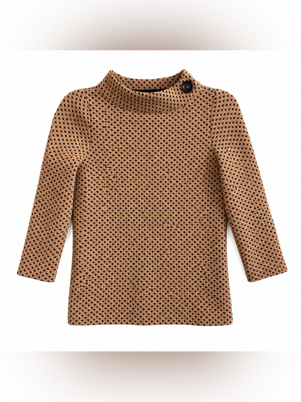 Ann Taylor Petite XXSP Textured Geometric Mock Neck Button Top Tan Black